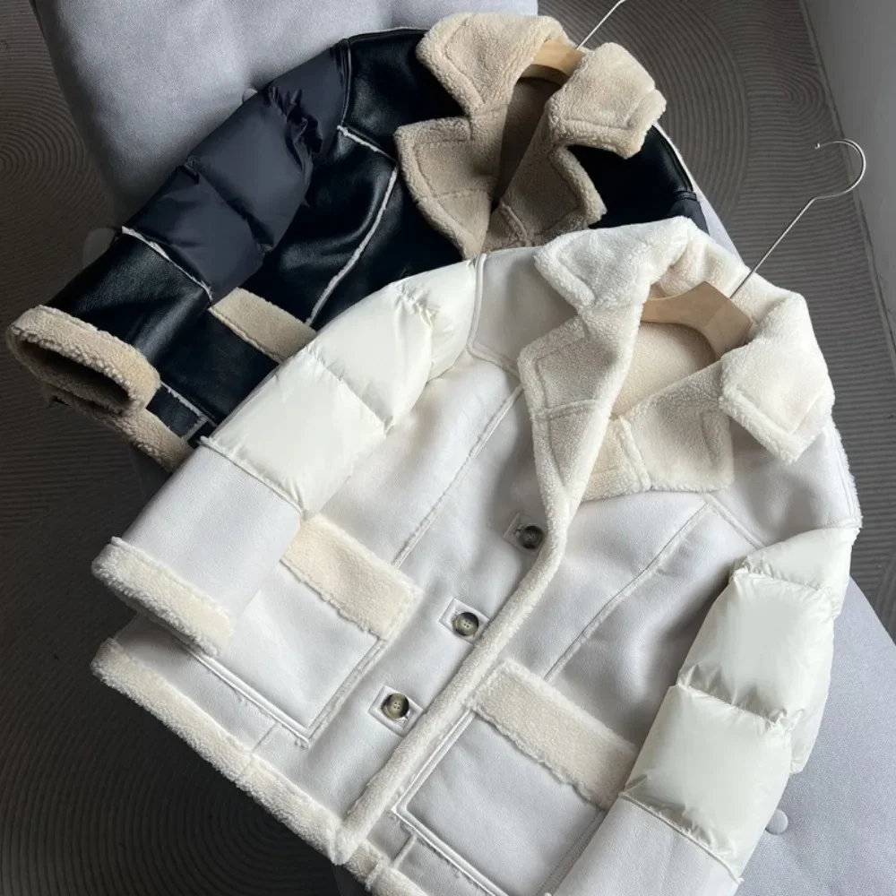 Patchwork Lamb Wool Pu Leather White Duck Down Jacket Women 2024 New Autumn Winter Turn-down Collar Thick Warm Loose Coat Female
Patchwork Lamb Wool Pu Leather White Duck Down Jacket Women 2024 New Autumn Winter Turn-down Collar Thick Warm Loose Coat Female