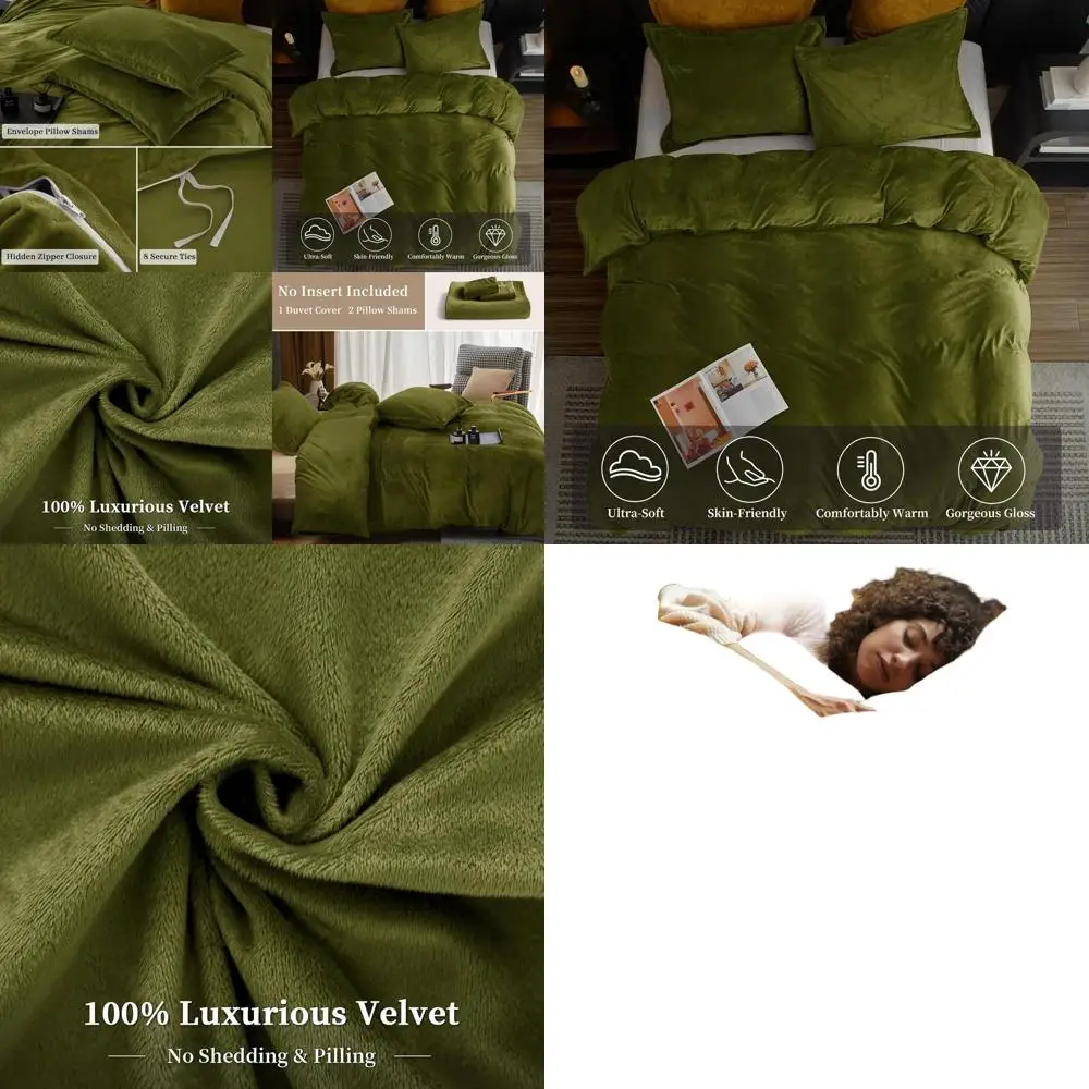 Queen Size Velvet Duvet Cover Set - 3pc Plush Flannel Bedding with 8 Ties, Zippered Closure, 90x90, Olive
Queen Size Velvet Duvet Cover Set - 3pc Plush Flannel Bedding with 8 Ties, Zippered Closure, 90x90, Olive