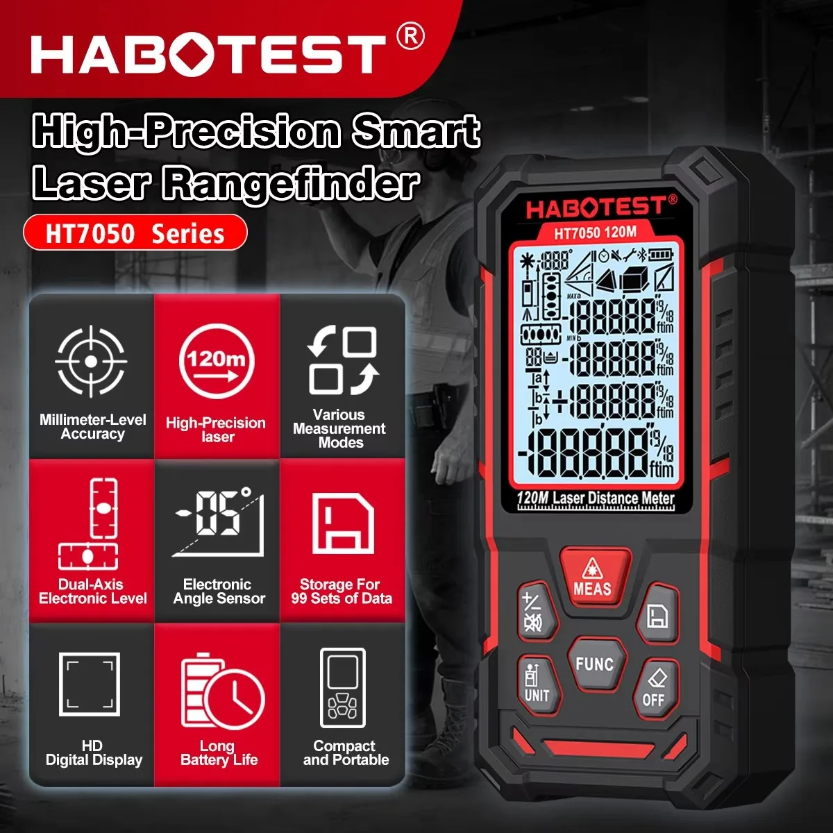 HABOTEST HT7050 Laser Distance Meter 50M/80M/120M Digital Laser Rangefinder Handheld Distance Area Volume Measurement Tool
HABOTEST HT7050 Laser Distance Meter 50M/80M/120M Digital Laser Rangefinder Handheld Distance Area Volume Measurement Tool