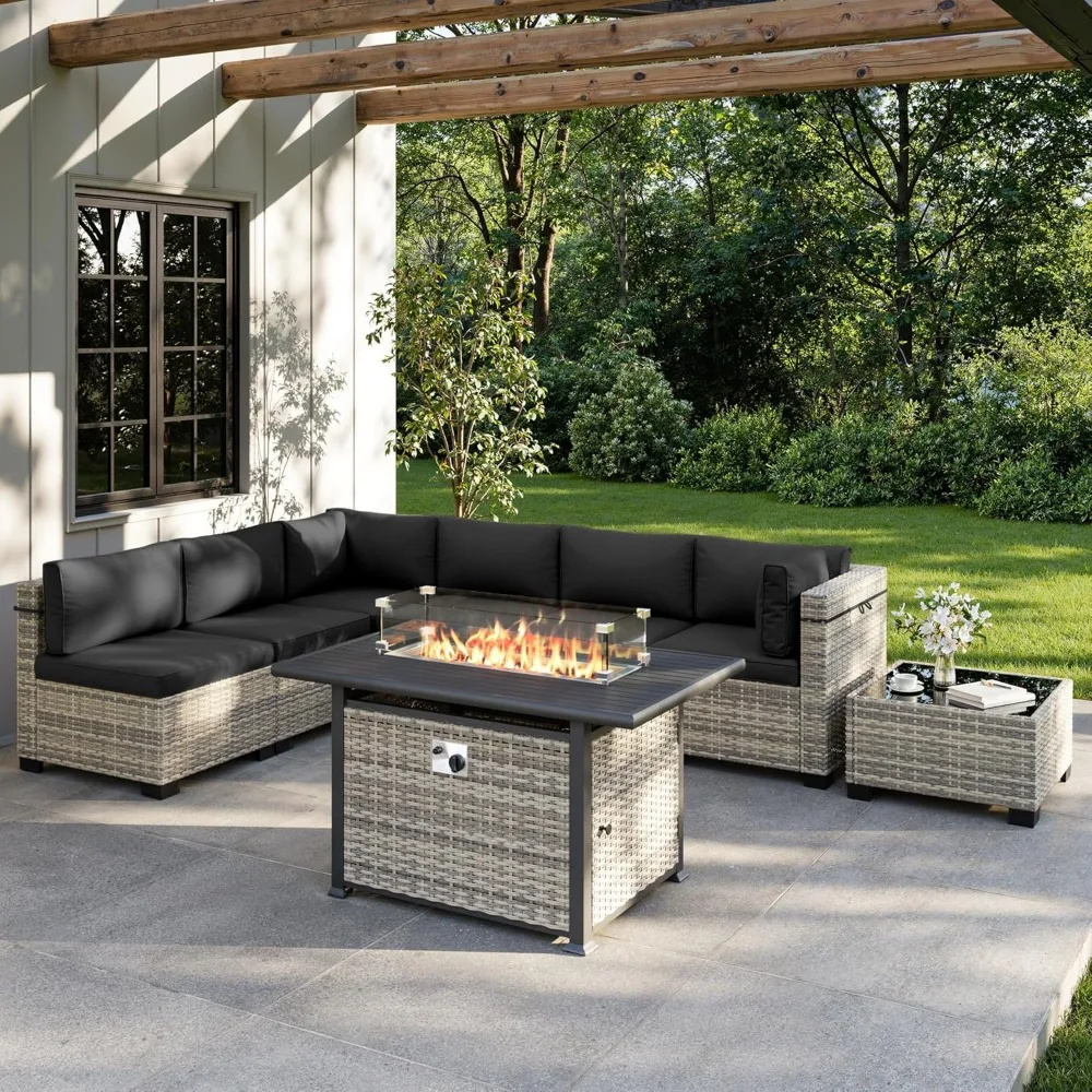 8-Piece Outdoor Patio Furniture Set with 55,000 BTU Fire Pit Table, PE Wicker Rattan Sectional Sofa Conversation Set
8-Piece Outdoor Patio Furniture Set with 55,000 BTU Fire Pit Table, PE Wicker Rattan Sectional Sofa Conversation Set