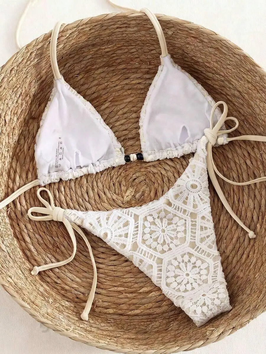 White Crochet Lace Triangle Bikini Set For Women Halter Neck With Wooden Bead Accents High Cut Cheeky Thong
White Crochet Lace Triangle Bikini Set For Women Halter Neck With Wooden Bead Accents High Cut Cheeky Thong