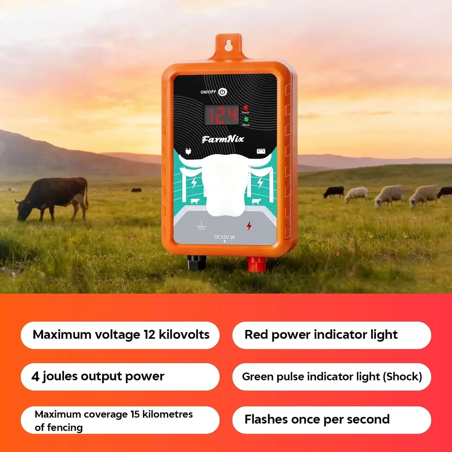 Electric Fence Energizer 15Miles/24KM 4 Joule With LCD Display 12V Energizer Controller for Farm Livestock Cows Cattle Horse
Electric Fence Energizer 15Miles/24KM 4 Joule With LCD Display 12V Energizer Controller for Farm Livestock Cows Cattle Horse