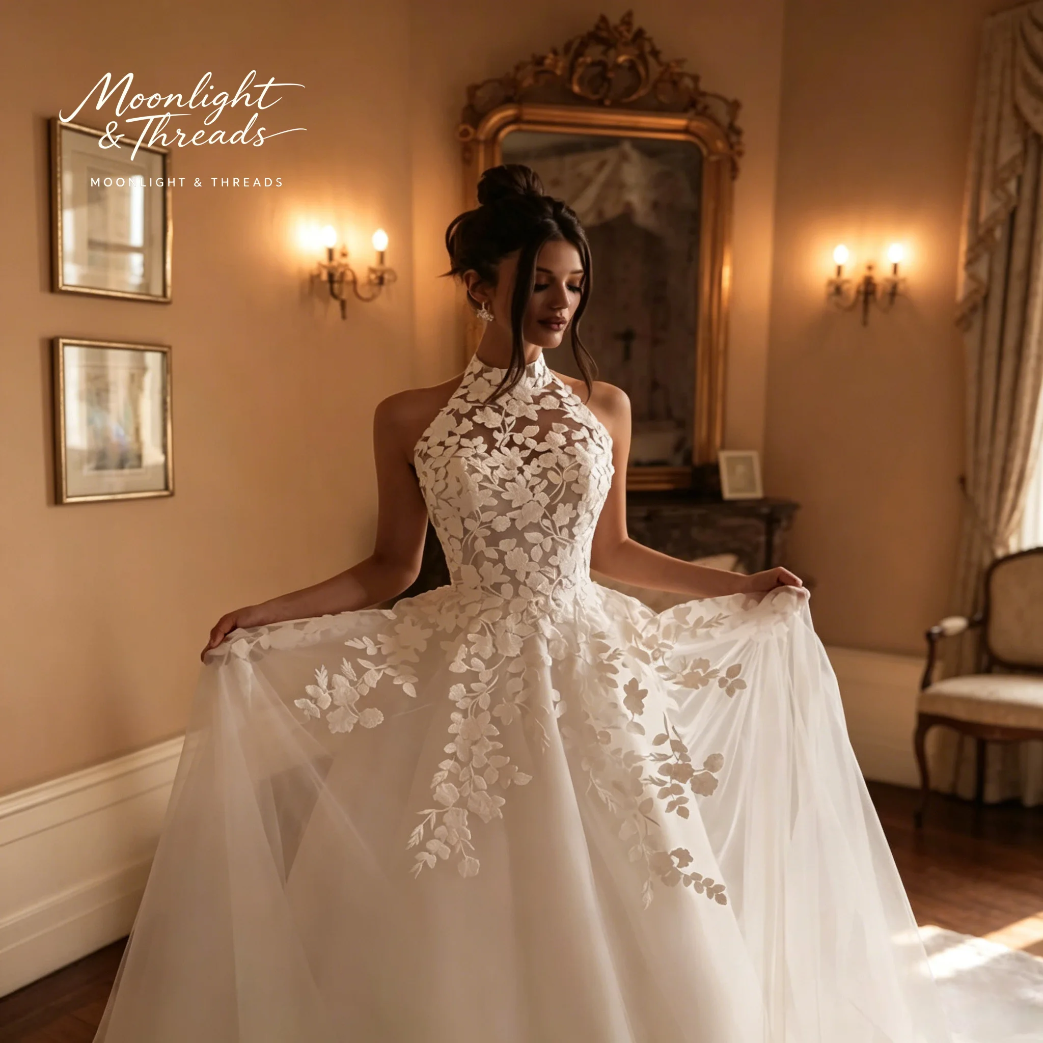 Ivory high-neck strapless sleeveless full-skirt formal wedding gown with appliqué embroidery
Ivory high-neck strapless sleeveless full-skirt formal wedding gown with appliqué embroidery