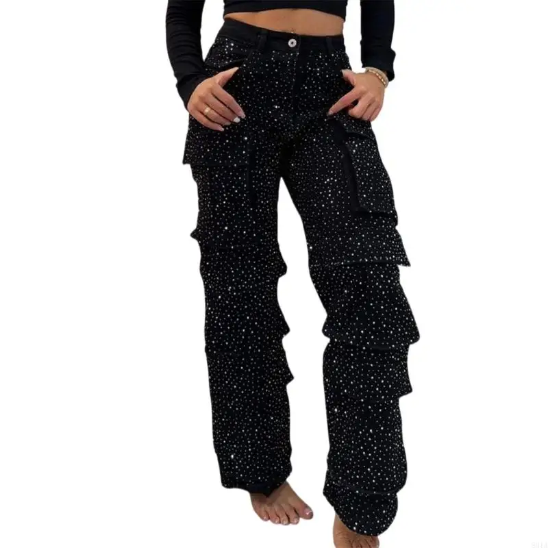 831A Women’s Fashion Wide Leg Jeans with Rhinestones Embellished Elastic Waist Functional Pockets Stretch Casual Cargo Pants
831A Women’s Fashion Wide Leg Jeans with Rhinestones Embellished Elastic Waist Functional Pockets Stretch Casual Cargo Pants