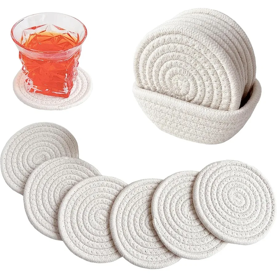 Boho Drink Coasters with Storage Basket Woven Cotton Absorbent Coaster Set of 6 Minimalist Home Decor for Coffee Table Kitchen
Boho Drink Coasters with Storage Basket Woven Cotton Absorbent Coaster Set of 6 Minimalist Home Decor for Coffee Table Kitchen