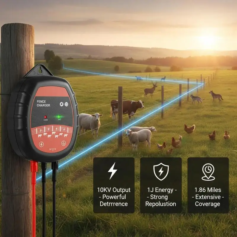 Livestock Control System 10kV 1J For Cattle Farm Poultry Pen Predator Protection, AC DC Power Source LED Status Indicator 1.86 Miles Range Plug-in Pulse Controller High Voltage Output Animal Enclosure Management Equipment
Livestock Control System 10kV 1J For Cattle Farm Poultry Pen Predator Protection, AC DC Power Source LED Status Indicator 1.86 Miles Range Plug-in Pulse Controller High Voltage Output Animal Enclosure Management Equipment