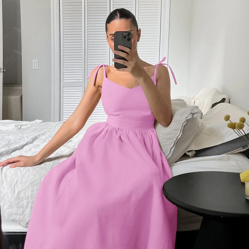 Linad Summer Beach Style Spaghetti Strap Long Dress 2025 Casual High Waist A Line Dresses Sexy Backless Brown Dress For Women
Linad Summer Beach Style Spaghetti Strap Long Dress 2025 Casual High Waist A Line Dresses Sexy Backless Brown Dress For Women