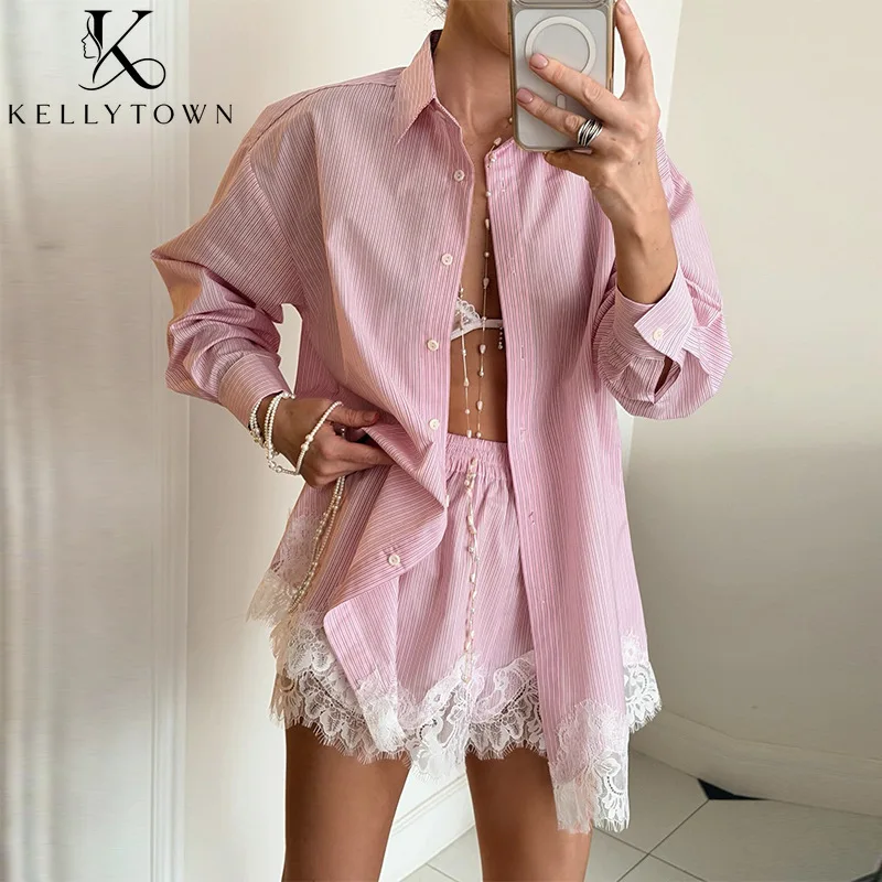2026 New Casual Women Lace Shorts Set Pink Striped Shirt High Wait Shorts Two Piece Set Elegant Chic Casual White Suit For Women
2026 New Casual Women Lace Shorts Set Pink Striped Shirt High Wait Shorts Two Piece Set Elegant Chic Casual White Suit For Women