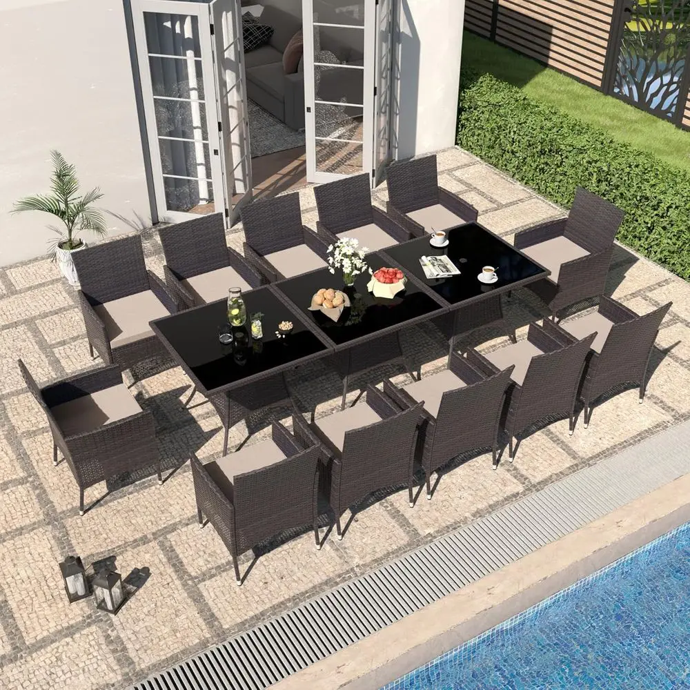 All-Weather Wicker Patio Dining Set with Tempered Glass Table and Removable Cushions for Outdoor Use
All-Weather Wicker Patio Dining Set with Tempered Glass Table and Removable Cushions for Outdoor Use