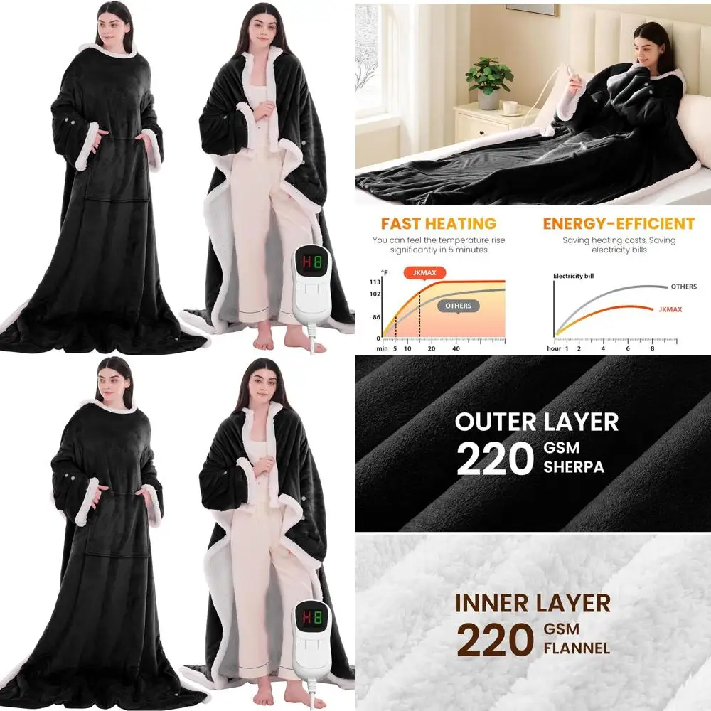 Нагреваемое одеяло с 10 уровнями регулировки, с рукавами и карманами для ног, для взрослых - черный фланелевый халат (50x75 дюймов)
Нагреваемое одеяло с 10 уровнями регулировки, с рукавами и карманами для ног, для взрослых - черный фланелевый халат (50x75 дюймов)