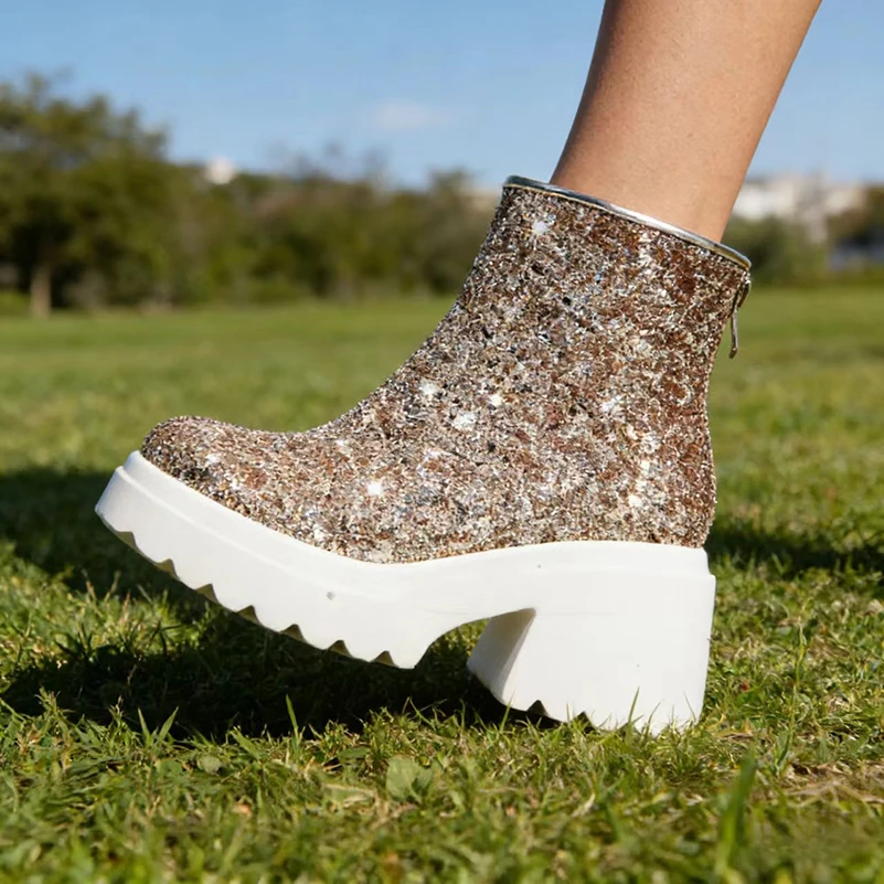 Sequin Fabric Material Table Super High Thick Heel Thick Sole Women's Short Boots Back Zipper Sweet Style Ankle Boots
Sequin Fabric Material Table Super High Thick Heel Thick Sole Women's Short Boots Back Zipper Sweet Style Ankle Boots