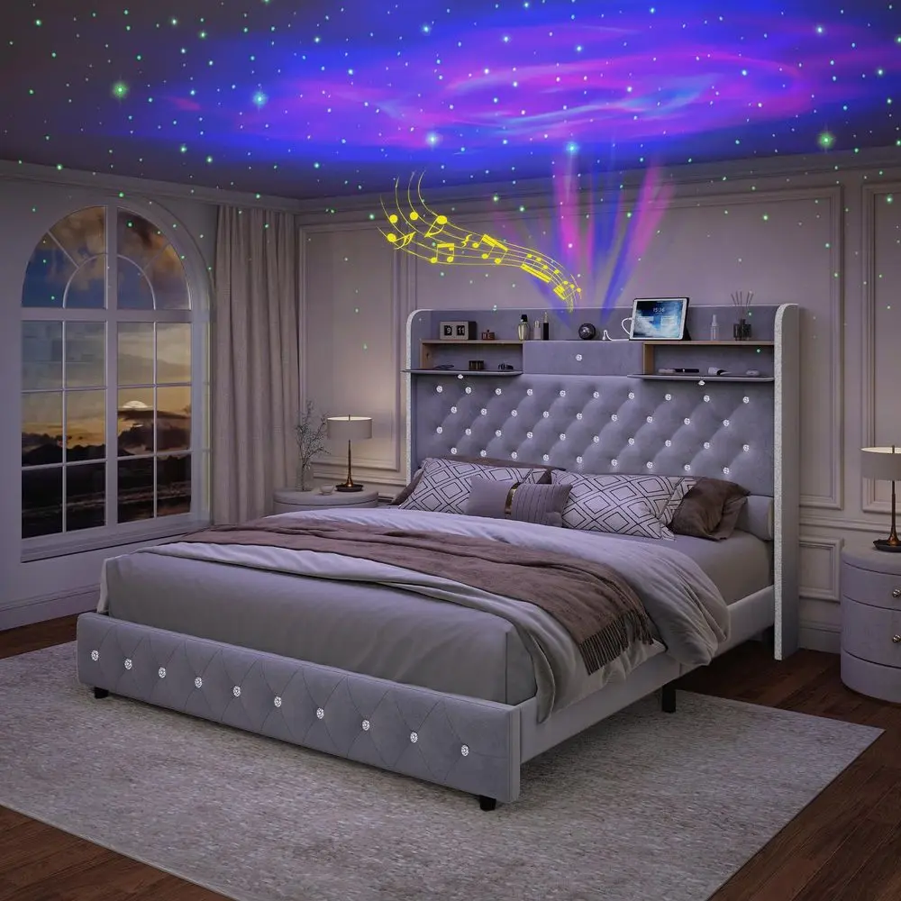 Full LED Bed Frame with Storage Headboard, 52 Tall Velvet Upholstered Platform Beds with Galaxy Aurora Star Projector, Diamond
Full LED Bed Frame with Storage Headboard, 52 Tall Velvet Upholstered Platform Beds with Galaxy Aurora Star Projector, Diamond