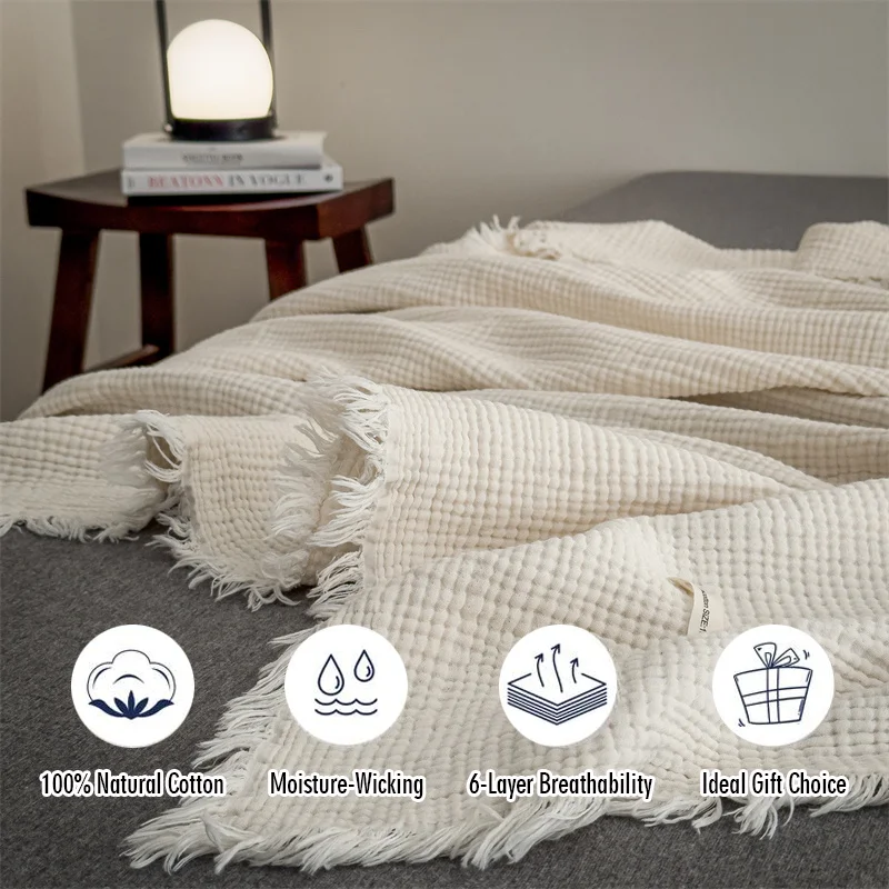 Муслиновое одеяло из 100% хлопка с четырьмя боковыми бахромой, 6-слойное, легкое и дышащее, мягкое для дивана или кровати, уютное марлевое одеяло в стиле бохо
Муслиновое одеяло из 100% хлопка с четырьмя боковыми бахромой, 6-слойное, легкое и дышащее, мягкое для дивана или кровати, уютное марлевое одеяло в стиле бохо