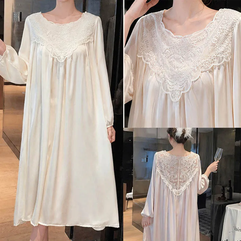 Summer Women's Sleepwear Satin Sleepdress Apricot Nightgown Lace Round Neck Homedress Loose Sleepwear Casual Long Nightdress
Summer Women's Sleepwear Satin Sleepdress Apricot Nightgown Lace Round Neck Homedress Loose Sleepwear Casual Long Nightdress