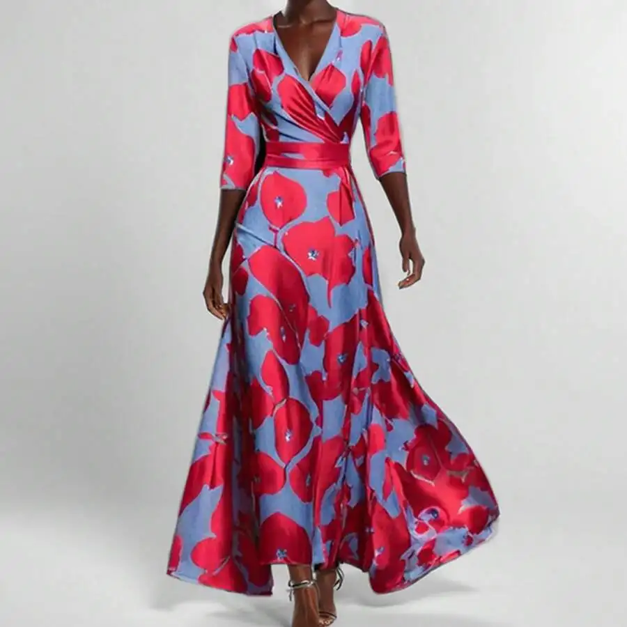 Elegant V-Neck Floral Print Wrap Dress With Waist Belt Three Quarter Sleeve Floor Length
Elegant V-Neck Floral Print Wrap Dress With Waist Belt Three Quarter Sleeve Floor Length