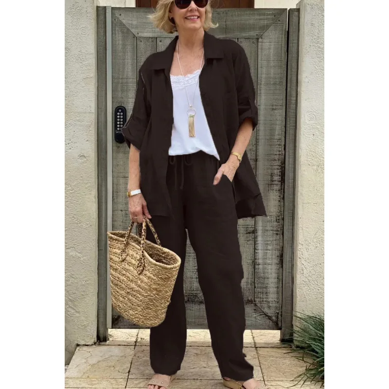 Spring Autumn Cotton Linen Long Sleeved shirt + Long Pants Two-piece Set Women Casual V-neck Shirt Drawstring Wide leg Pant Suit
Spring Autumn Cotton Linen Long Sleeved shirt + Long Pants Two-piece Set Women Casual V-neck Shirt Drawstring Wide leg Pant Suit