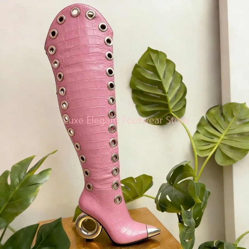 Pink Snake Print Metal Eyelet Metal Heel Pointed Boots Women Leather Side Zipper Thin Heel Knee High Boots Hot Chick Party Shoes
Pink Snake Print Metal Eyelet Metal Heel Pointed Boots Women Leather Side Zipper Thin Heel Knee High Boots Hot Chick Party Shoes