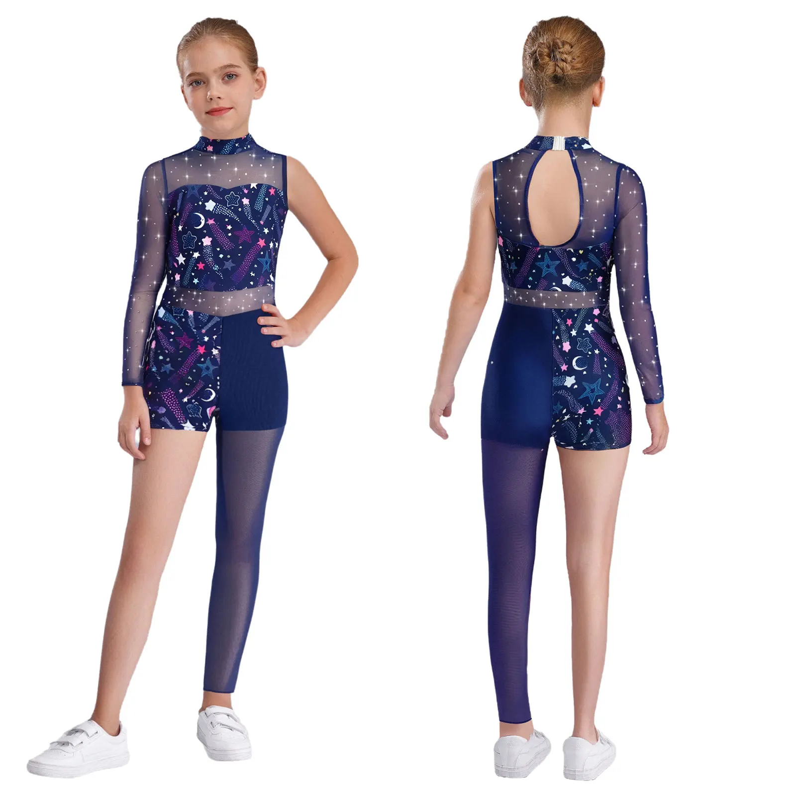 Kids Girls Sheer Mesh Gymnastics Skating Leotards Jumpsuit Rhinestones Asymmetrical Dance Bodysuit for Performance Competition
Kids Girls Sheer Mesh Gymnastics Skating Leotards Jumpsuit Rhinestones Asymmetrical Dance Bodysuit for Performance Competition