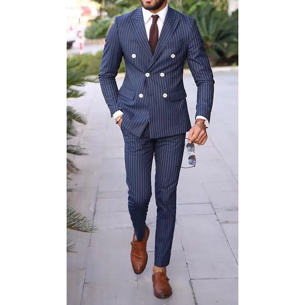 Luxury Men Suits Navy Blue Stripe Formal Blazer Double Breasted Peak Lapel Fashion 2 Piece Jacket Pants Loose Prom Party Set
Luxury Men Suits Navy Blue Stripe Formal Blazer Double Breasted Peak Lapel Fashion 2 Piece Jacket Pants Loose Prom Party Set