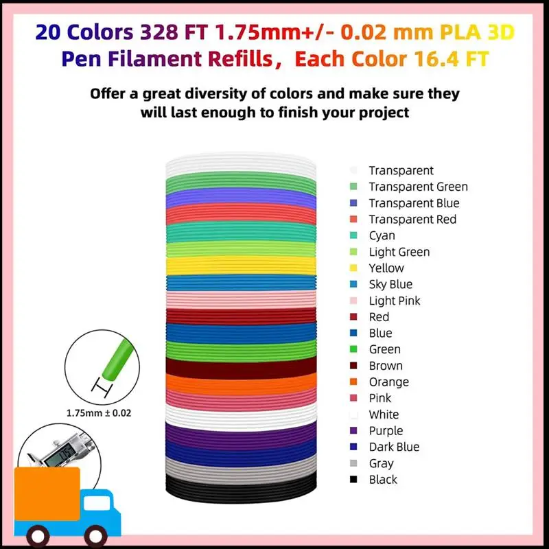 Professional-20Colors PLA 3 D Pen Filament Refills,1.75Mm 3 D Pen Filament, Each Color 16.4Ft,Total 328Ft,Compatible MYNT3 D 3 D
Professional-20Colors PLA 3 D Pen Filament Refills,1.75Mm 3 D Pen Filament, Each Color 16.4Ft,Total 328Ft,Compatible MYNT3 D 3 D
