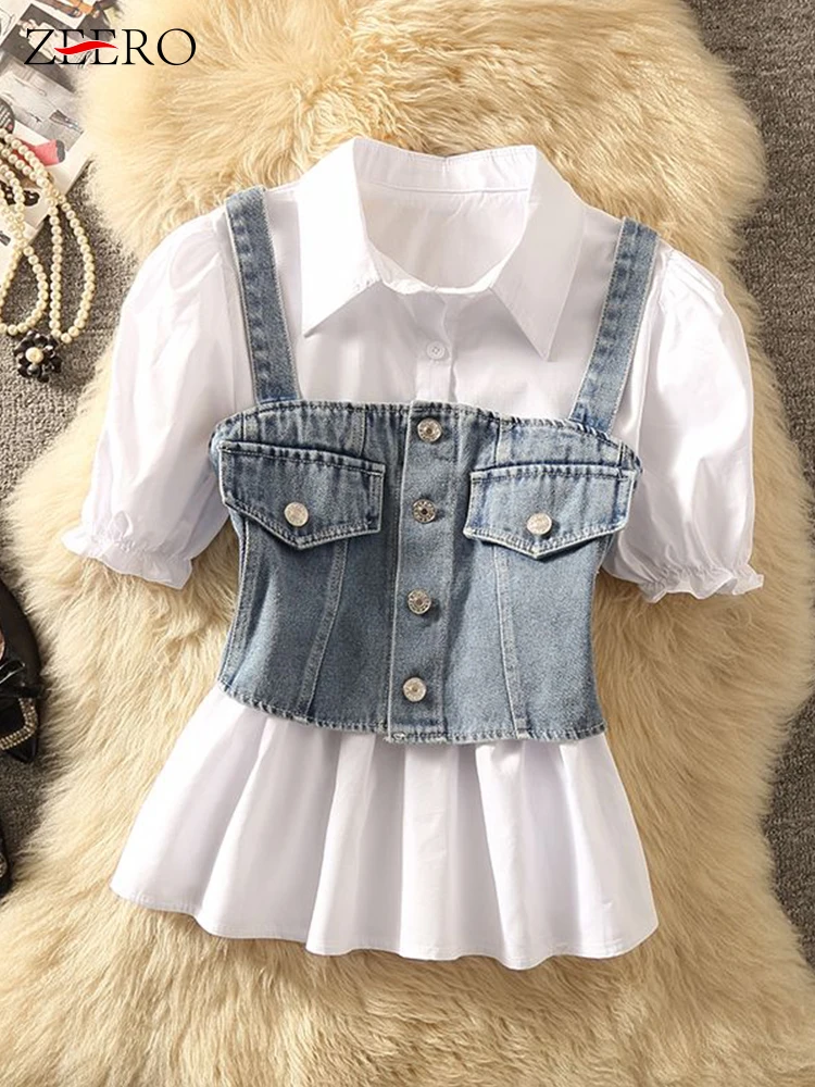Denim Tank Top with Shirt 2 Piece Set Women Summer White Puff Sleeve Ruffles Shirts + Suspender Vest Set Crop Top Blusas Mujer
Denim Tank Top with Shirt 2 Piece Set Women Summer White Puff Sleeve Ruffles Shirts + Suspender Vest Set Crop Top Blusas Mujer