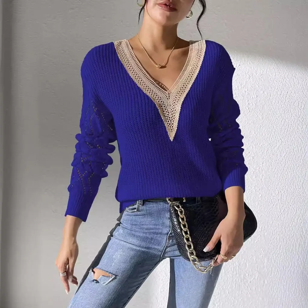 Women's Lace V-neck Pullover Sweater Contrast Stitching Casual Base Shirt European American Style Top M673 
Women's Lace V-neck Pullover Sweater Contrast Stitching Casual Base Shirt European American Style Top M673