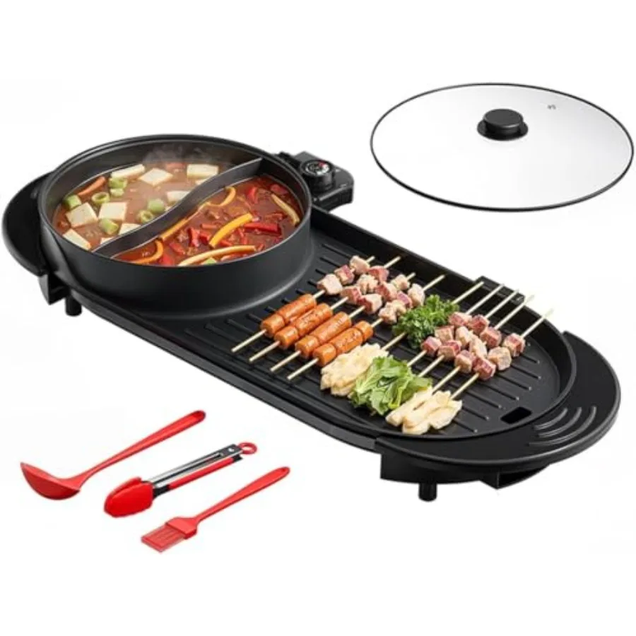 Indoor smokeless BBQ grill hot pot combo for family parties, nonstick yin-yang skillet, black, 2200W dual-zone control with adj
Indoor smokeless BBQ grill hot pot combo for family parties, nonstick yin-yang skillet, black, 2200W dual-zone control with adj