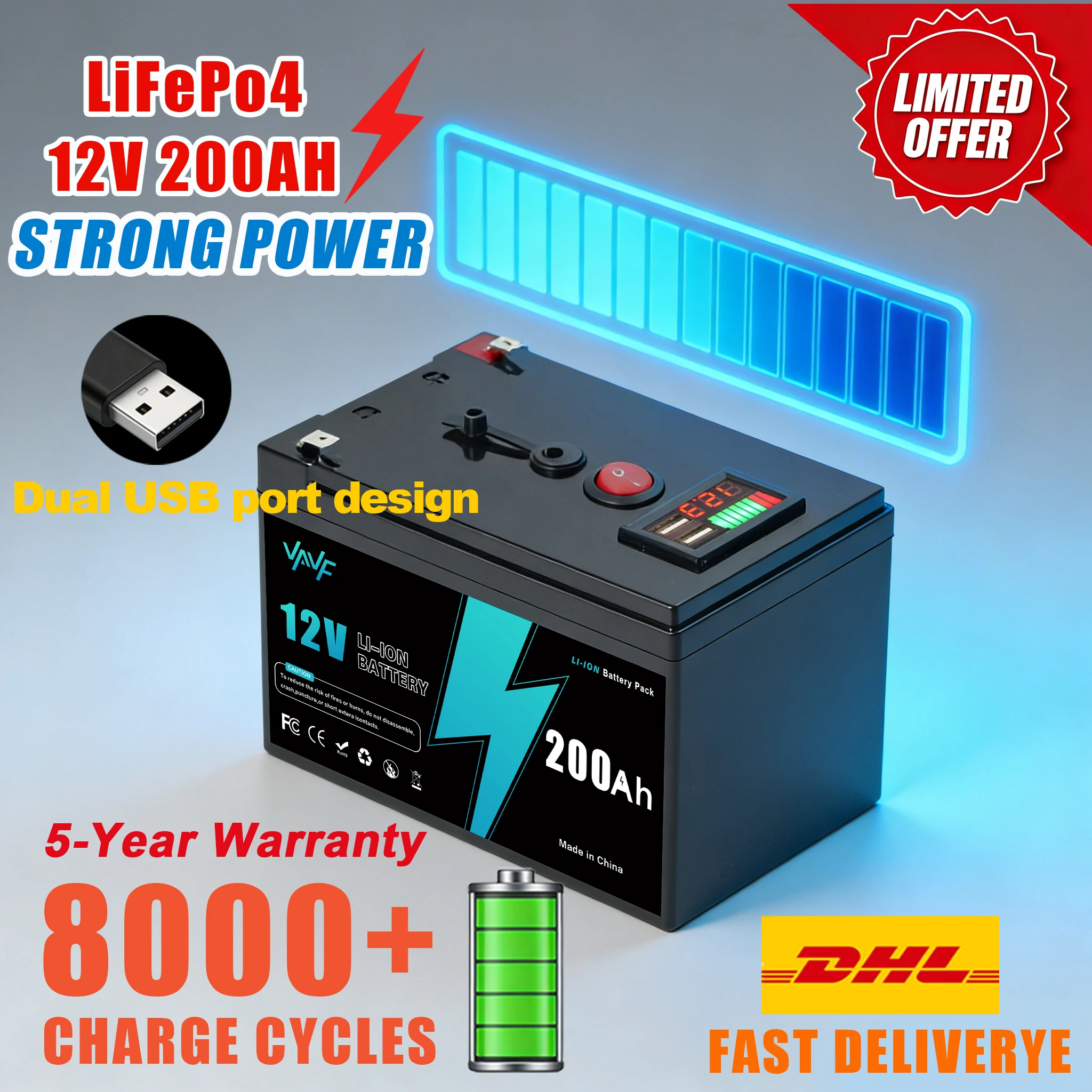High Quality LiFePO4 Battery 12V 200Ah, Deep Cycle Rechargeable with BMS for Scooters,Solar Power, Off-Grid,Fish Finder
High Quality LiFePO4 Battery 12V 200Ah, Deep Cycle Rechargeable with BMS for Scooters,Solar Power, Off-Grid,Fish Finder