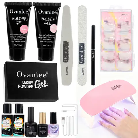 Kit de Gel Poly Sans Forme Ovanlee 2 Tubes – Gel de Construction 30ml avec Mini Lampe UV/LED, 100 Ongles Artificiels, Limes et Liquides Complets pour Application Directe et Extensions Longue Durée
