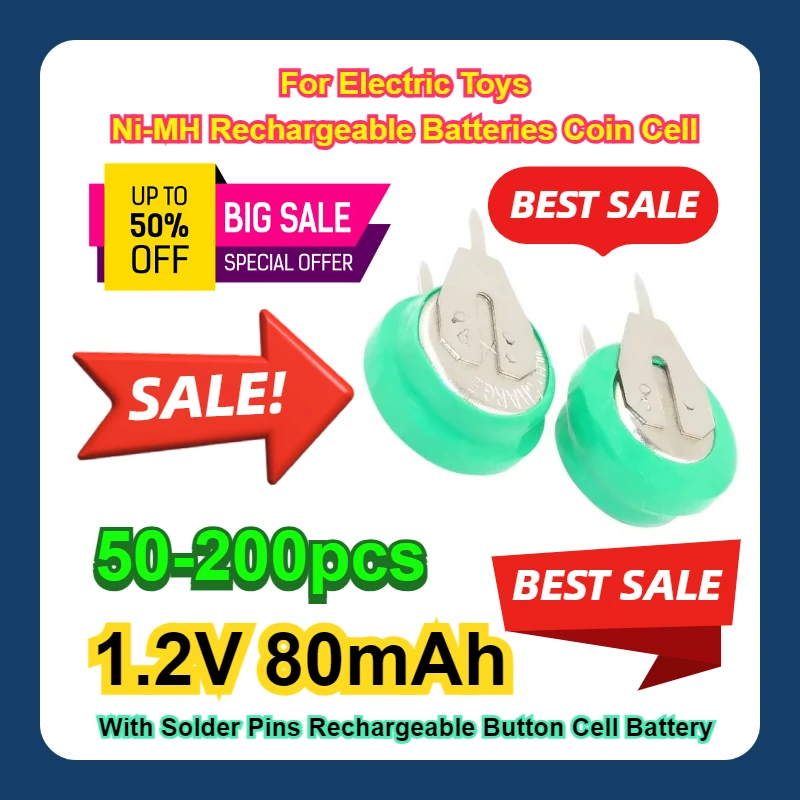50-200pcs 1.2V 80mAh With Solder Pins Rechargeable Button Cell Battery For Electric Toys Ni-MH Rechargeable Batteries Coin Cell
50-200pcs 1.2V 80mAh With Solder Pins Rechargeable Button Cell Battery For Electric Toys Ni-MH Rechargeable Batteries Coin Cell