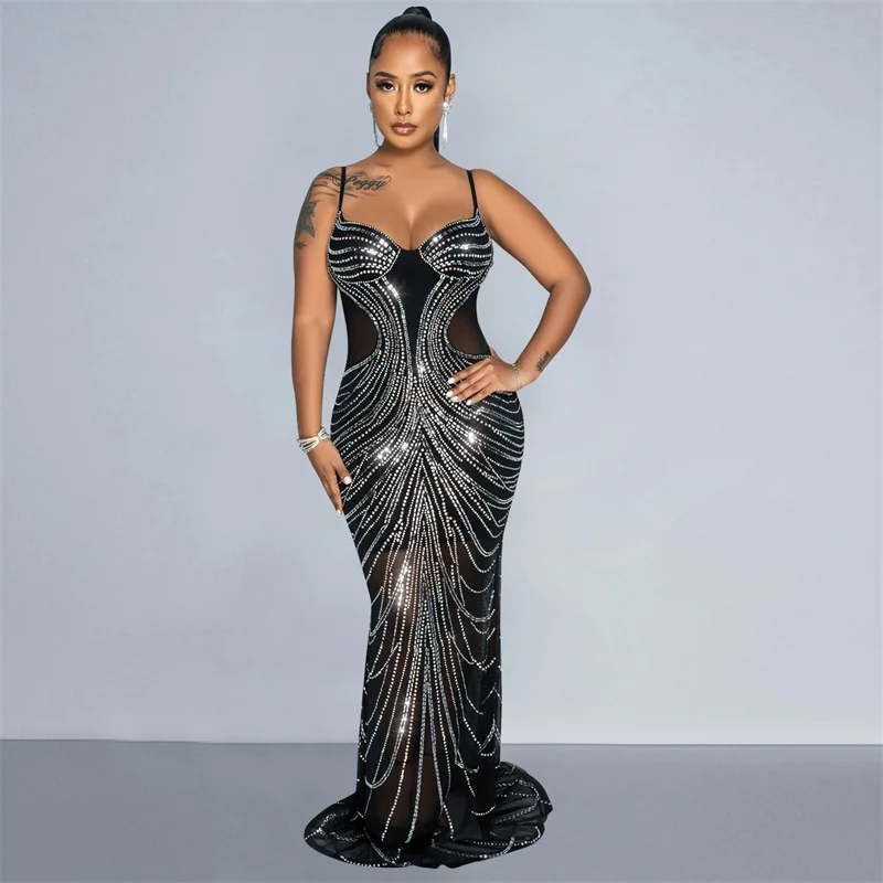 Spaghetti Strap V Neck Sheer Mesh Rhinestone Sexy Night Club Dress for Women Black Bodycon Diamonds Long Party Dress 2024 Summer
Spaghetti Strap V Neck Sheer Mesh Rhinestone Sexy Night Club Dress for Women Black Bodycon Diamonds Long Party Dress 2024 Summer
