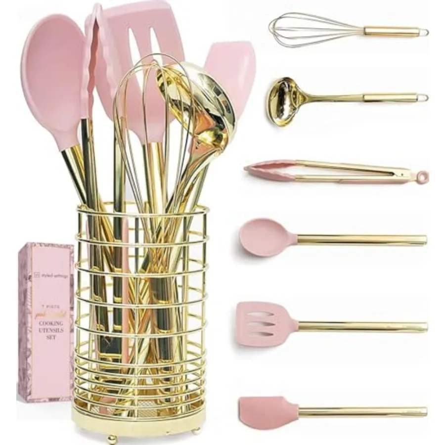 Gold and Pink Kitchen Utensil Set with Holder - 7-Piece Cooking Tools with Gold Whisk, Ladle, Tongs, Turner, Spatula, and Spoon
Gold and Pink Kitchen Utensil Set with Holder - 7-Piece Cooking Tools with Gold Whisk, Ladle, Tongs, Turner, Spatula, and Spoon