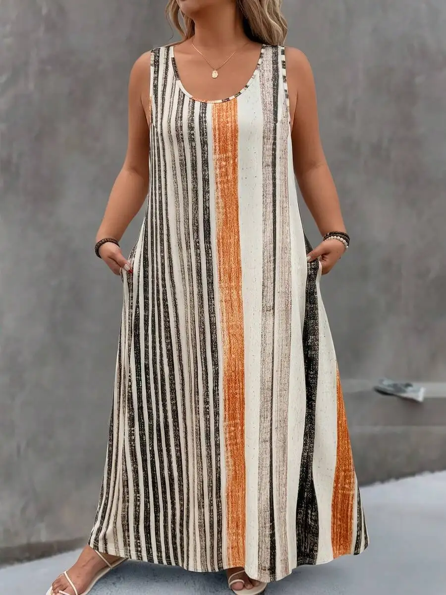Полосатое платье макси без рукавов с круглым вырезом и карманами больших размеров
Полосатое платье макси без рукавов с круглым вырезом и карманами больших размеров