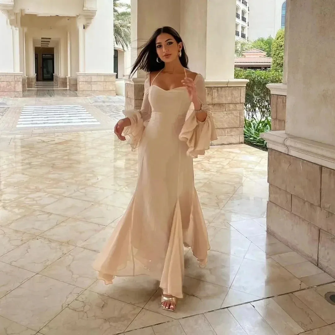 Beige Chiffon Prom Dresses A-Line Ruffles Long Flare Sleeves Elegant Arabia Modern Evening Dresses Formal Party Gown
Beige Chiffon Prom Dresses A-Line Ruffles Long Flare Sleeves Elegant Arabia Modern Evening Dresses Formal Party Gown