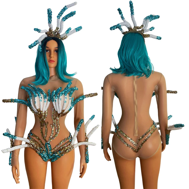 Sexy Mesh Perspective Bikini Blue Gold Rhinestones Pearls Bodysuit Women Party Rave Outfit Nightclub Dj Ds Gogo Costume XS6912
Sexy Mesh Perspective Bikini Blue Gold Rhinestones Pearls Bodysuit Women Party Rave Outfit Nightclub Dj Ds Gogo Costume XS6912