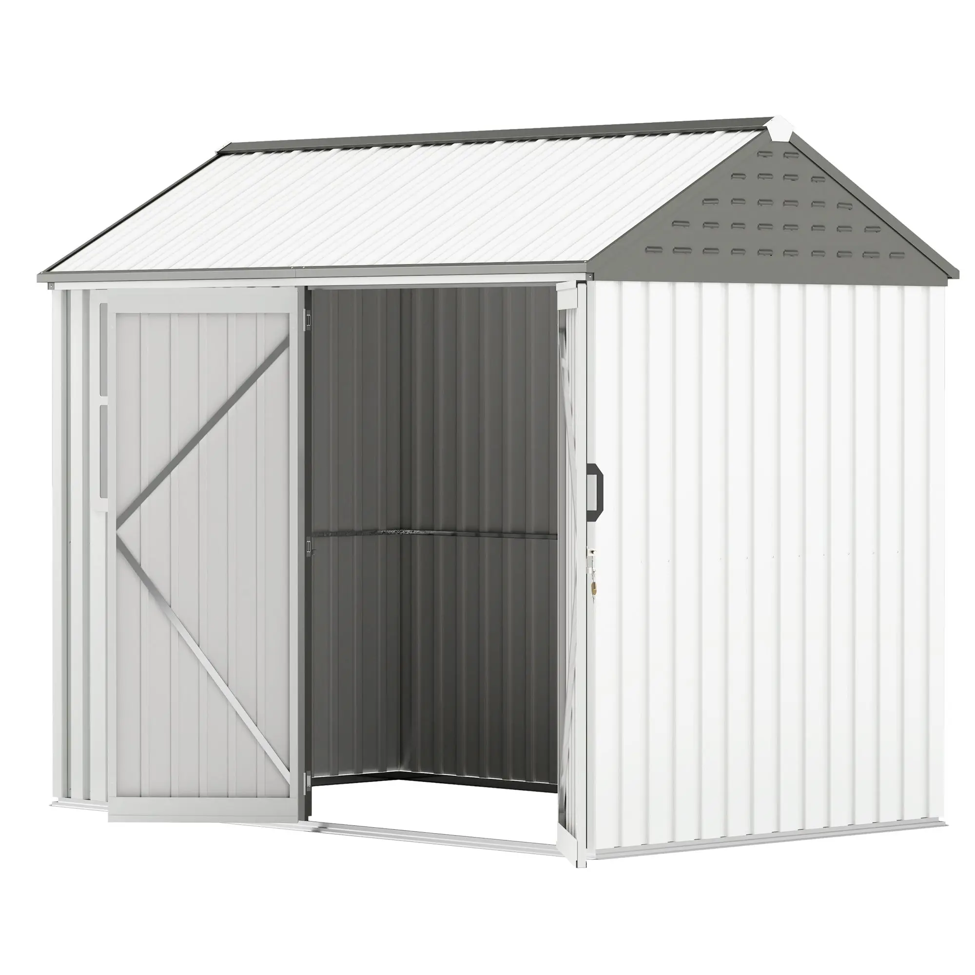 For Outsunny 8' x 6' Metal Garden Storage Shed, Extra Large Outdoor Tool Storage House w/ Doors, Window and Air Vents, White 
For Outsunny 8' x 6' Metal Garden Storage Shed, Extra Large Outdoor Tool Storage House w/ Doors, Window and Air Vents, White