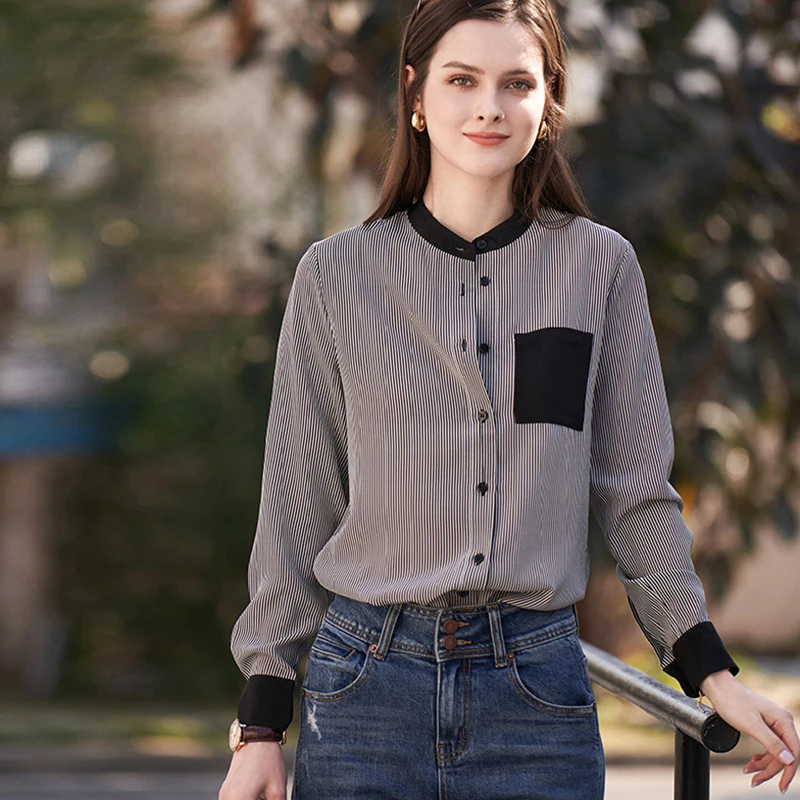100% Silk Blouse Women Shirt Casual Style Stripe Printed Single-breasted Stand Neck Long Sleeve Shirt New Fashion
100% Silk Blouse Women Shirt Casual Style Stripe Printed Single-breasted Stand Neck Long Sleeve Shirt New Fashion