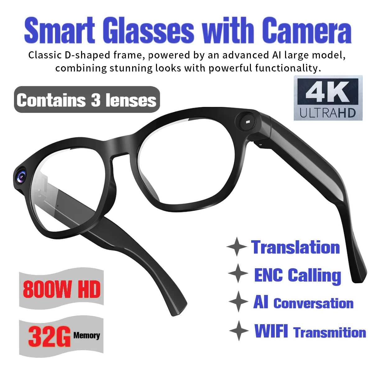 Ai Smart Glasses with Camera 8 Million Pixels Wi-Fi Touch Control 4GB Memory Noise Reduction AI Translation Sunglasses
Ai Smart Glasses with Camera 8 Million Pixels Wi-Fi Touch Control 4GB Memory Noise Reduction AI Translation Sunglasses