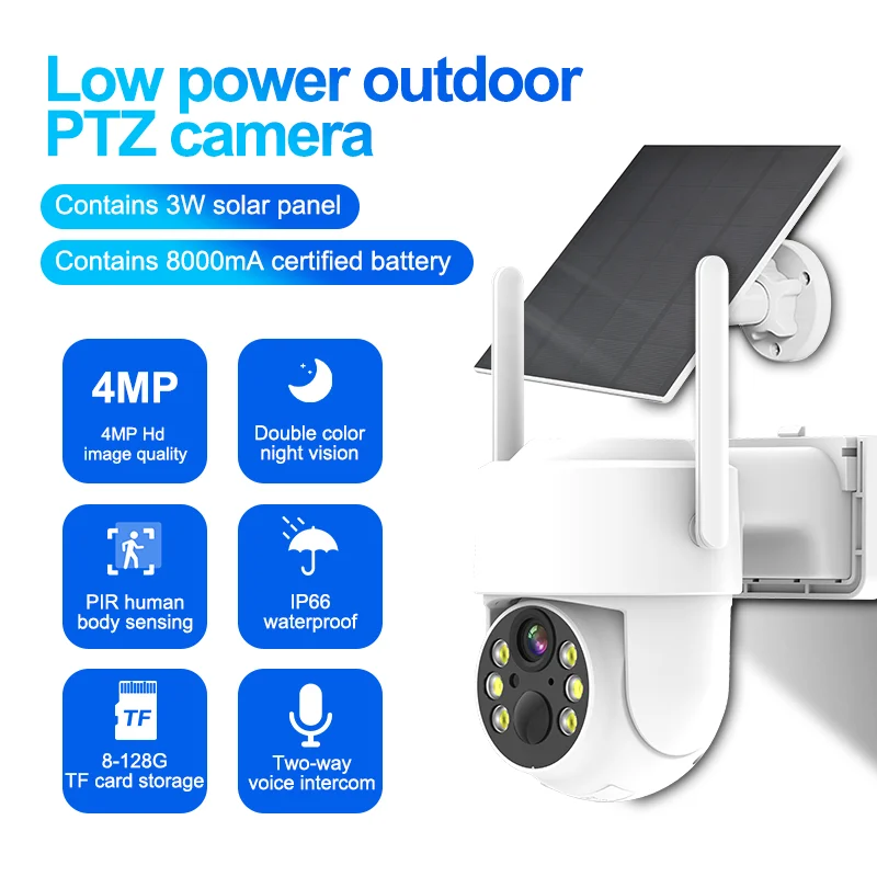 WiFi PTZ Camera Outdoor Wireless Solar IP Camera 4MP HD Built-in Battery Video IP66 Waterproof Surveillance Camera
WiFi PTZ Camera Outdoor Wireless Solar IP Camera 4MP HD Built-in Battery Video IP66 Waterproof Surveillance Camera