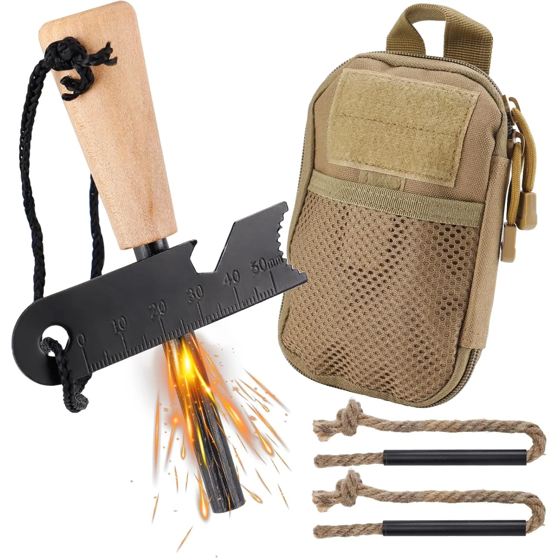 Fire Starter Survival Tool, Fire Starter Kit Includes Magnesium Rod, 2 Pcs Wick Hemp Rope and Multifunctional Outdoor Bag
Fire Starter Survival Tool, Fire Starter Kit Includes Magnesium Rod, 2 Pcs Wick Hemp Rope and Multifunctional Outdoor Bag