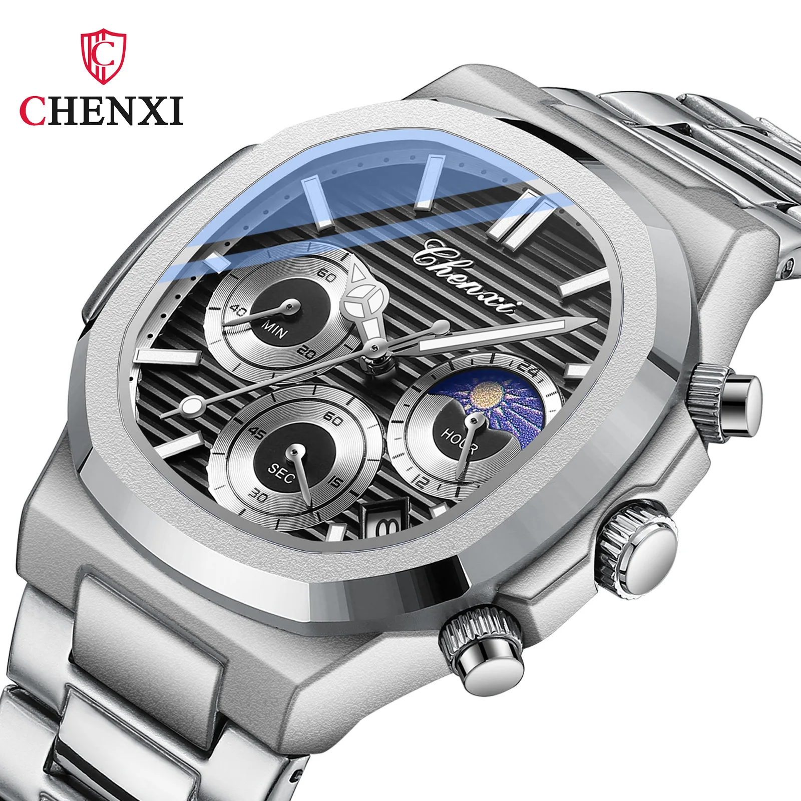 Multifunctional true three-eyed six-hand men's watch calendar moon phase chronograph octagonal quartz watch
Multifunctional true three-eyed six-hand men's watch calendar moon phase chronograph octagonal quartz watch