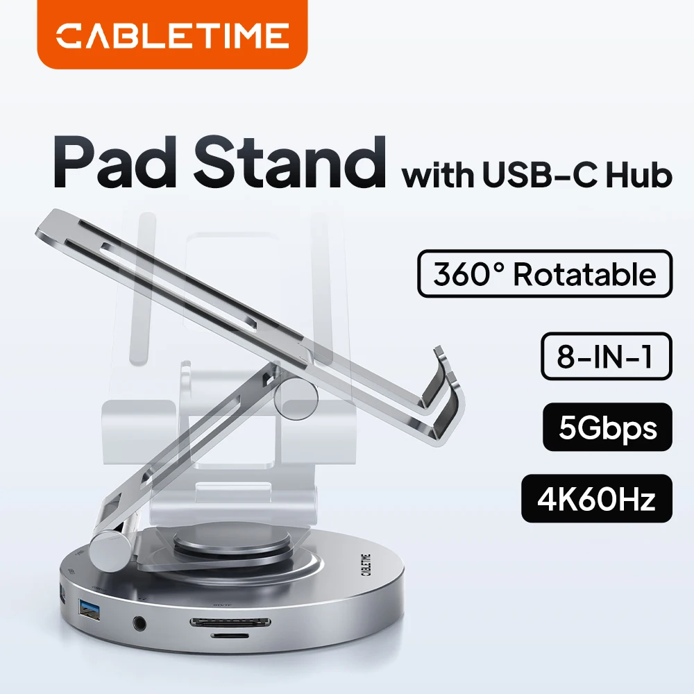 CABLETIME 8 IN 1 DOCK USB C Hub 360 Rotating Stand HDMI 4K 60Hz PD 100W USB 5Gbps SD TF Aux 3.5mm for iPhone iPad Pro Tablet
CABLETIME 8 IN 1 DOCK USB C Hub 360 Rotating Stand HDMI 4K 60Hz PD 100W USB 5Gbps SD TF Aux 3.5mm for iPhone iPad Pro Tablet