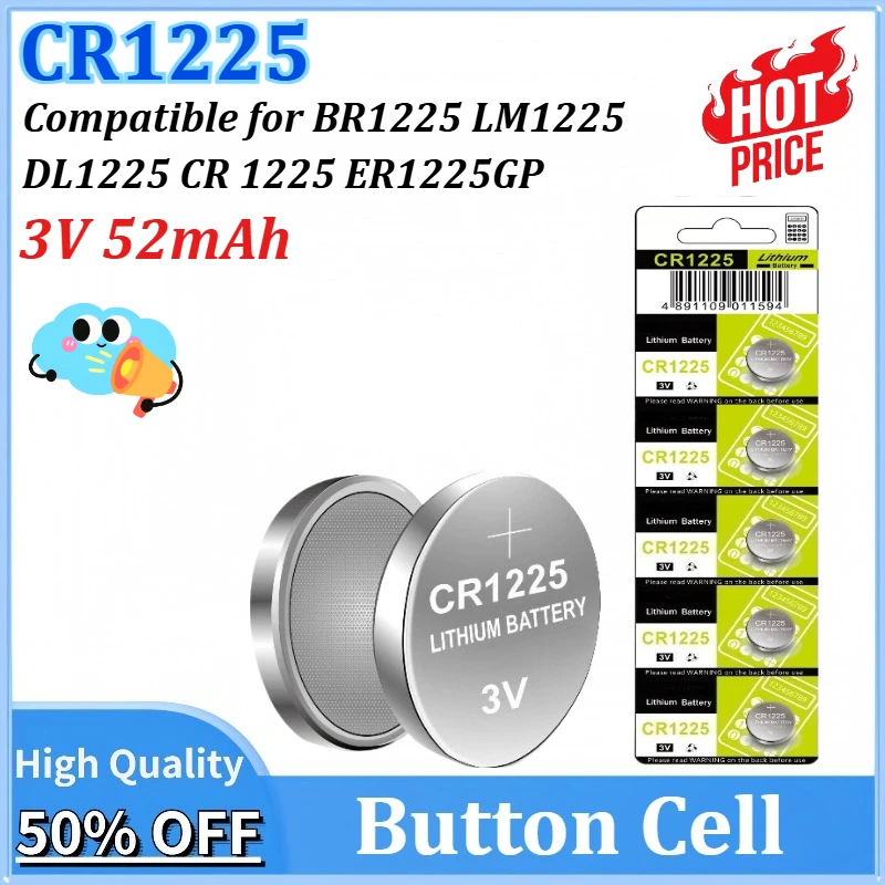5-100PCS CR1225 Button Battery BR1225 LM1225 DL1225 CR 1225 ER1225GP 3V 52mAh Lithium Battery for Watch Car Key Remote Coin Cell
5-100PCS CR1225 Button Battery BR1225 LM1225 DL1225 CR 1225 ER1225GP 3V 52mAh Lithium Battery for Watch Car Key Remote Coin Cell