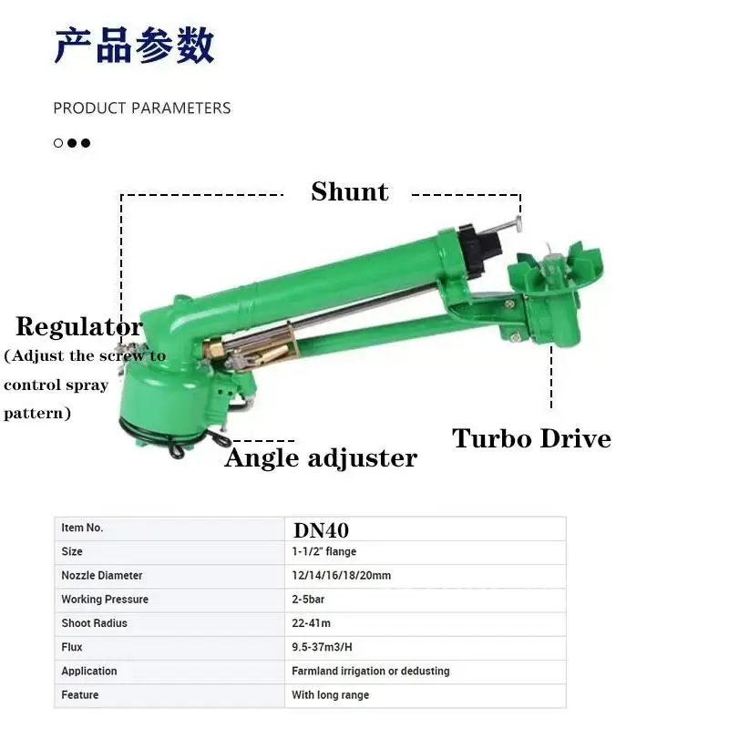 Automatic rotating rocker arm agricultural irrigation system high spray rain quality cannon 20-41M gun remote water cannon
Automatic rotating rocker arm agricultural irrigation system high spray rain quality cannon 20-41M gun remote water cannon
