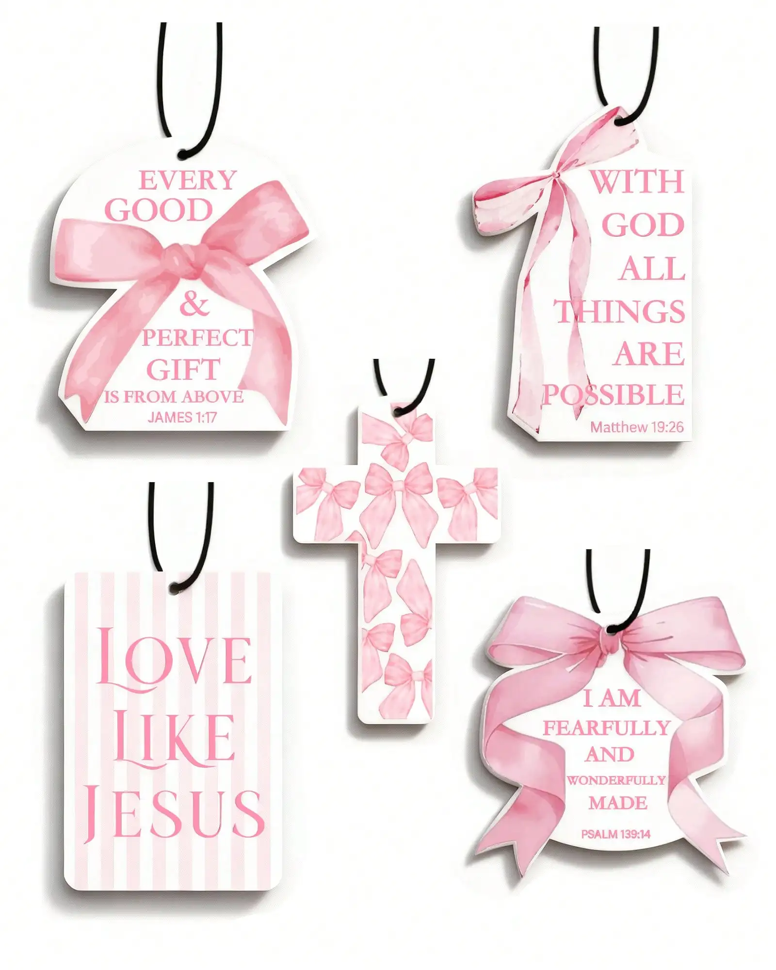 5pcs hanging car air fresheners decorated with lovely pink bows and inspirational Bible verses. Exquisite mirror decor specially designed for women and teen girls, fresh lasting scent, stylish and practical auto interior accessories
5pcs hanging car air fresheners decorated with lovely pink bows and inspirational Bible verses. Exquisite mirror decor specially designed for women and teen girls, fresh lasting scent, stylish and practical auto interior accessories