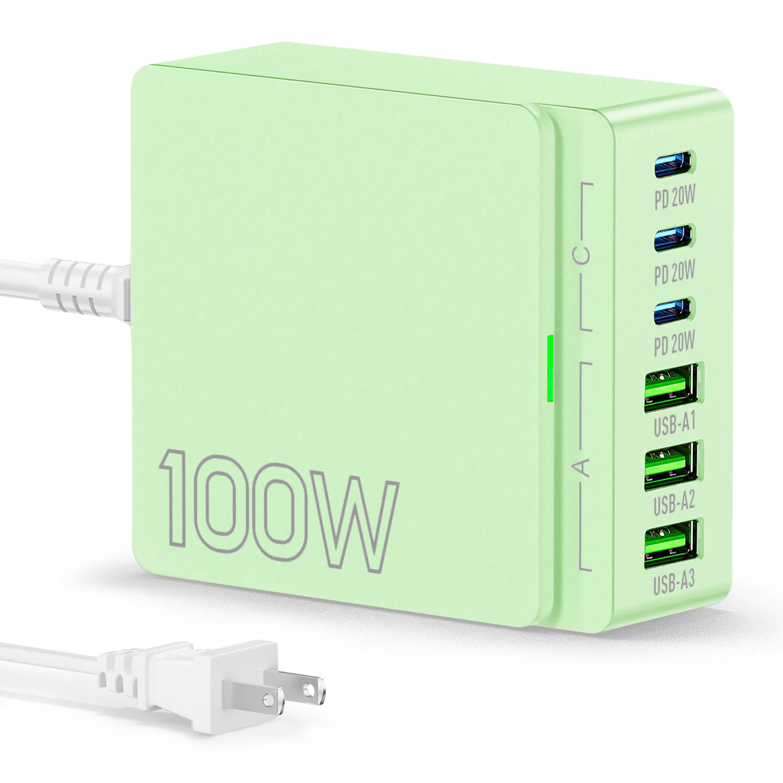 100W 6-Port GaN Fast Charging Hub - PD 3.0 Type C and USB A Charging Case - For Cell Phones, Tablets, and Laptops - Green
100W 6-Port GaN Fast Charging Hub - PD 3.0 Type C and USB A Charging Case - For Cell Phones, Tablets, and Laptops - Green