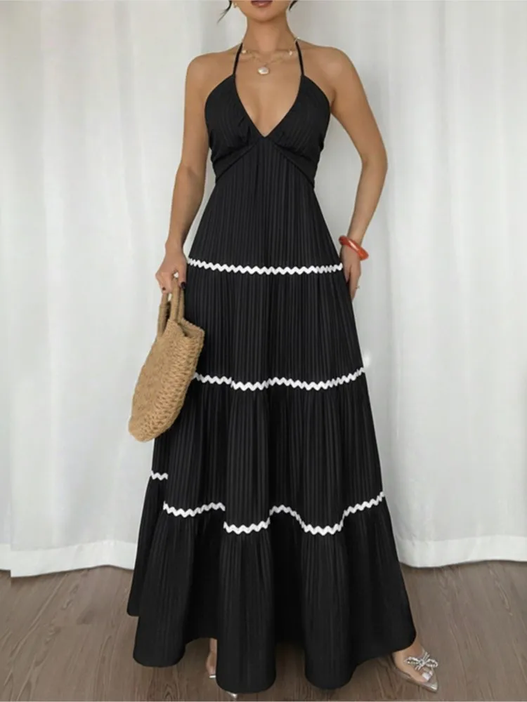 Slim Dresses For Ladies Dress For Wedding 2026 A-line Vestido Woman Casual Contrast V-link Neck Halter Leace-up Backless Holiday
Slim Dresses For Ladies Dress For Wedding 2026 A-line Vestido Woman Casual Contrast V-link Neck Halter Leace-up Backless Holiday