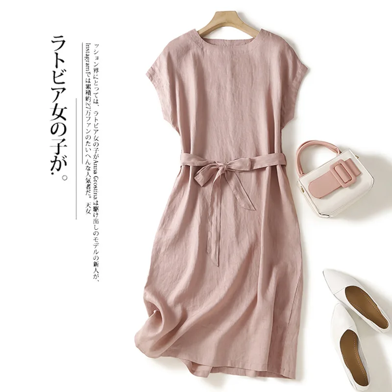 Loose Cotton round Neck Short Sleeve Midi Dress Women's Waist-Cinching A-Line Skirt Style Artistic Fashion Mid-Year New Arrival
Loose Cotton round Neck Short Sleeve Midi Dress Women's Waist-Cinching A-Line Skirt Style Artistic Fashion Mid-Year New Arrival
