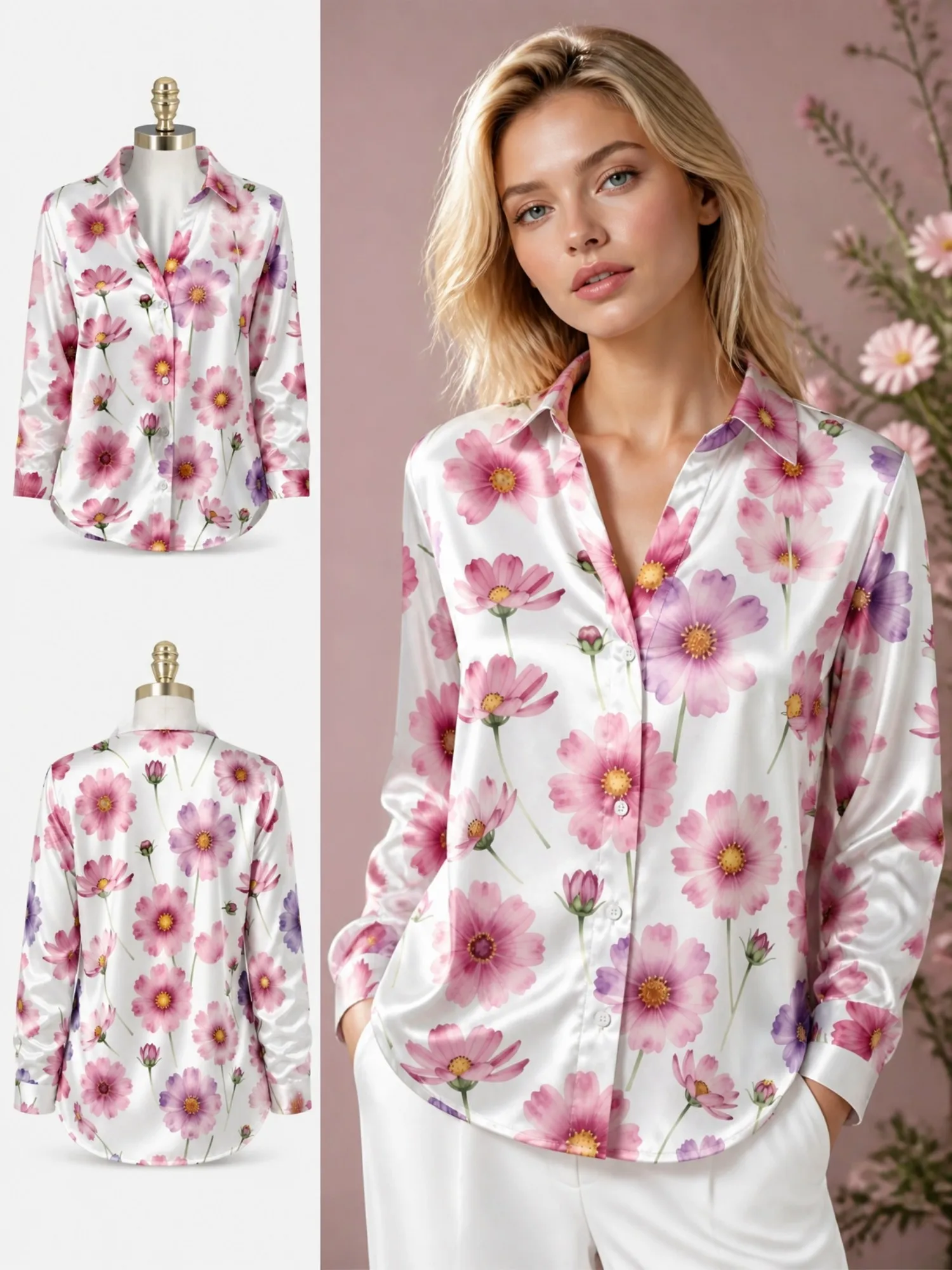 White Pink Daisy Satin Blouse for Women Long Sleeve Button Down Shirt Spring Garden Elegant Silky Top
White Pink Daisy Satin Blouse for Women Long Sleeve Button Down Shirt Spring Garden Elegant Silky Top