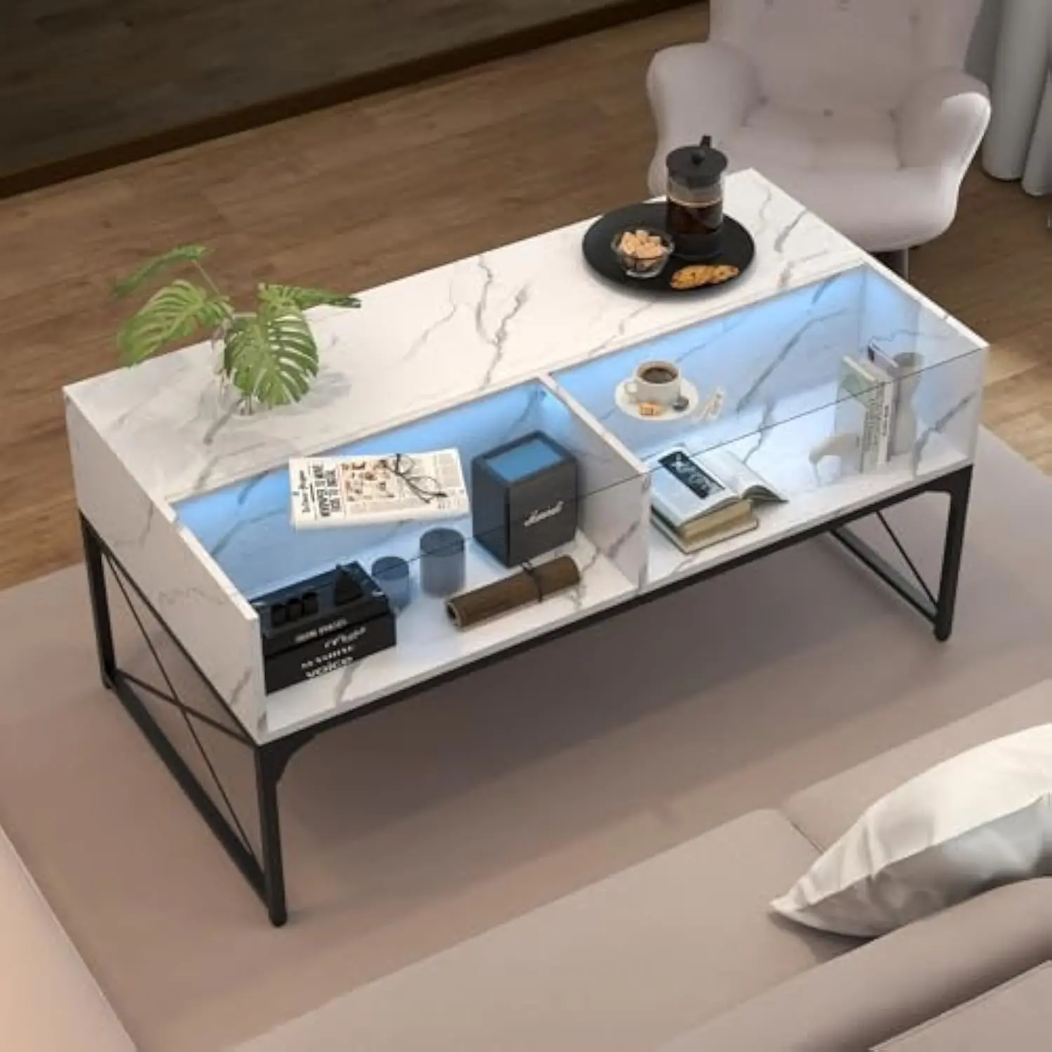 42 Inch LED Coffee Table with 16-Color Lights, Tempered Glass Top, 4 Storage Cubes, Remote Control – Modern Rectangle Center T
42 Inch LED Coffee Table with 16-Color Lights, Tempered Glass Top, 4 Storage Cubes, Remote Control – Modern Rectangle Center T